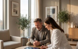 Consultation scene representing evaluation for hair restoration with stem cells candidacy