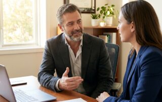 Man discussing hair replacement transplant options with a specialist in a modern office