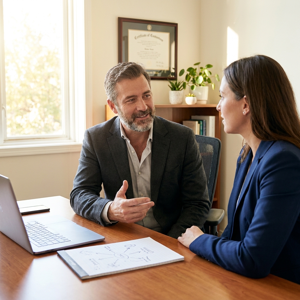 Man discussing hair replacement transplant options with a specialist in a modern office