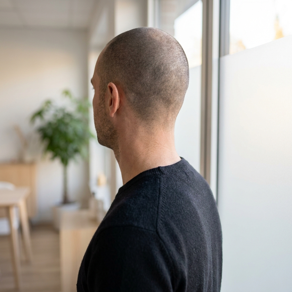 Man with buzz cut showing even scalp tone after scalp micropigmentation for FUE scars