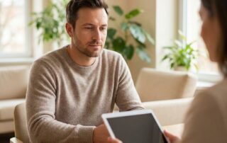 Man in consultation discussing hair loss causes with a specialist in a modern office