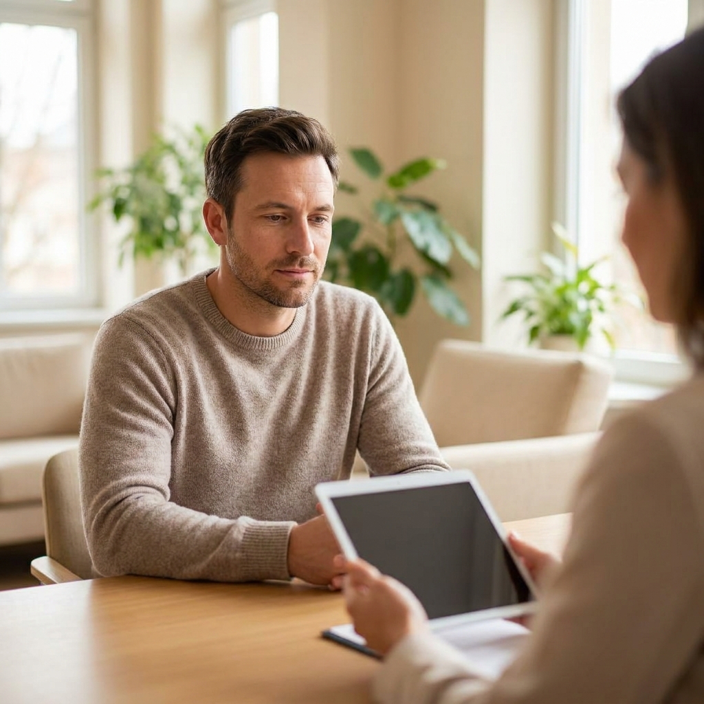 Man in consultation discussing hair loss causes with a specialist in a modern office