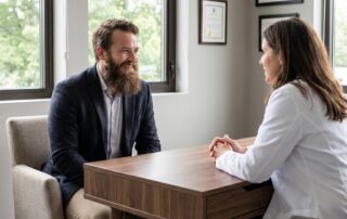 Man consulting with doctor at a beard transplant clinic in a modern office