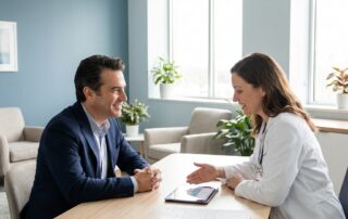 Doctor and patient discussing hair therapy for hair loss options in a modern consultation room