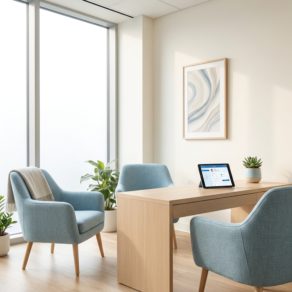 Modern consultation room representing collaborative dermatology and hair restoration care