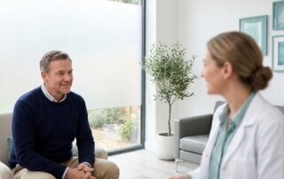 Patient consulting physician about stem cell therapy for hair restoration options