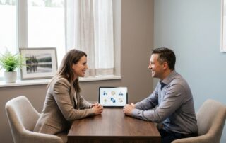 Consultant and client discussing hair restoration Minnesota provider credentials in modern office