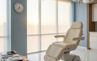 Modern, empty hair transplant surgery FUE operating suite with clock symbolizing precise timing