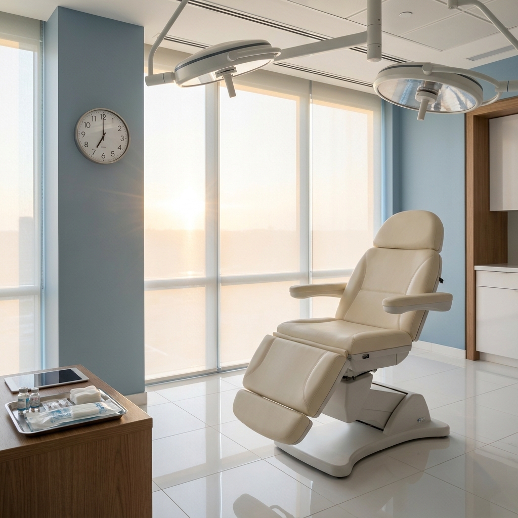 Modern, empty hair transplant surgery FUE operating suite with clock symbolizing precise timing