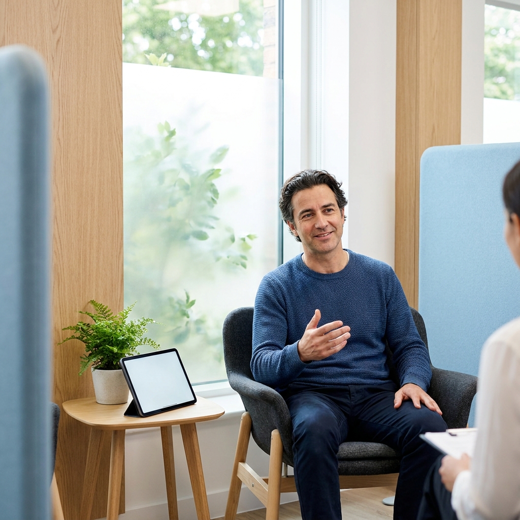 Confident man with healthy hair in a modern clinic, representing hair surgery transplant results
