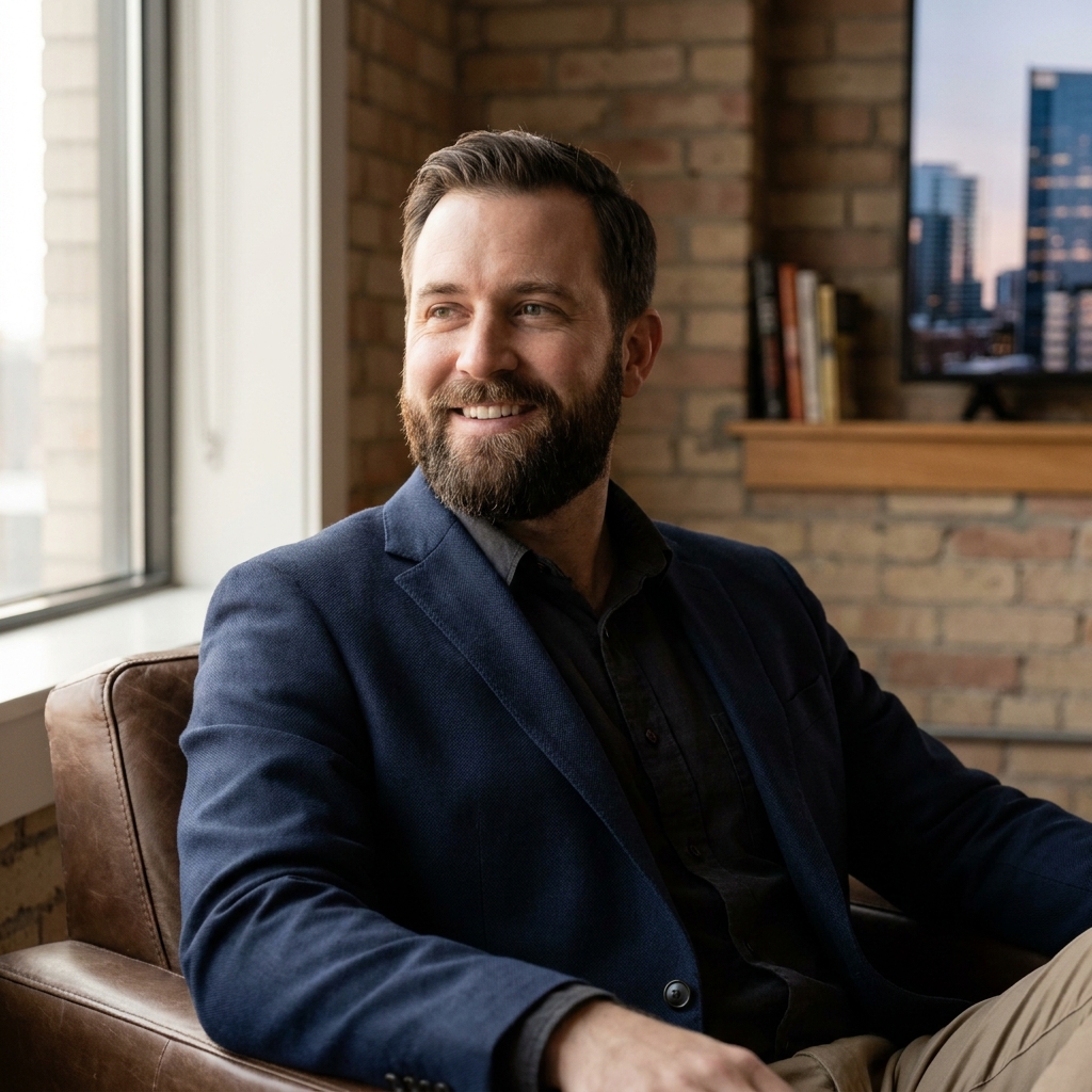 Confident man with full beard in modern consultation room, beard transplant Houston TX