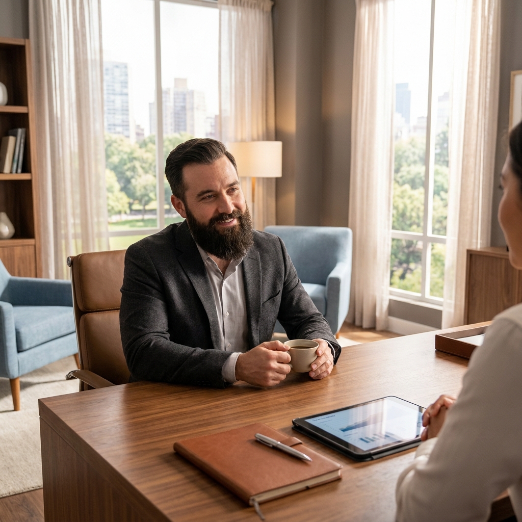 Confident man discussing hair transplant for beard cost during a consultation