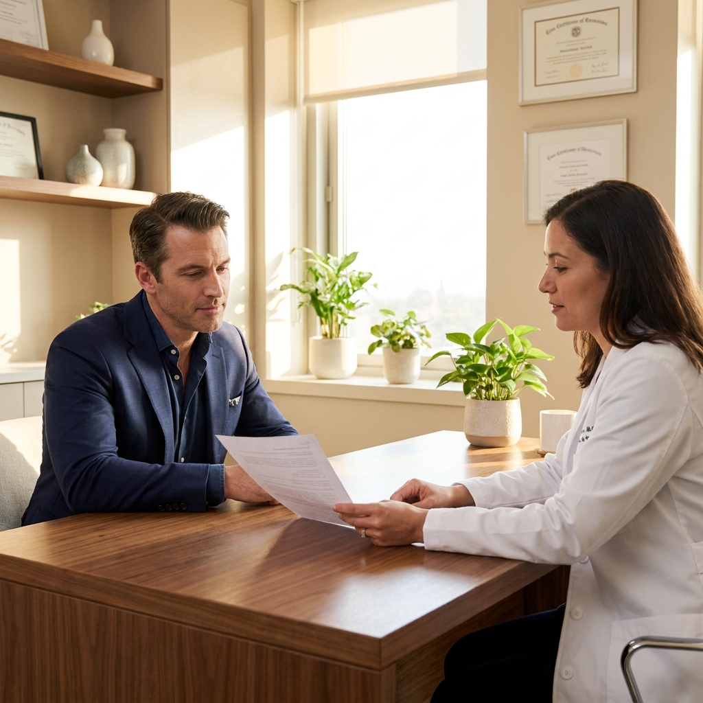 Patient consulting with a professional before choosing a clinic hair transplant provider