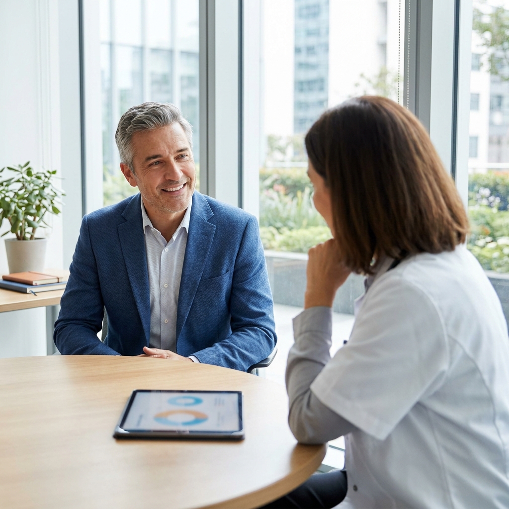Confident man discussing hair restoration therapy options with a specialist in a bright office