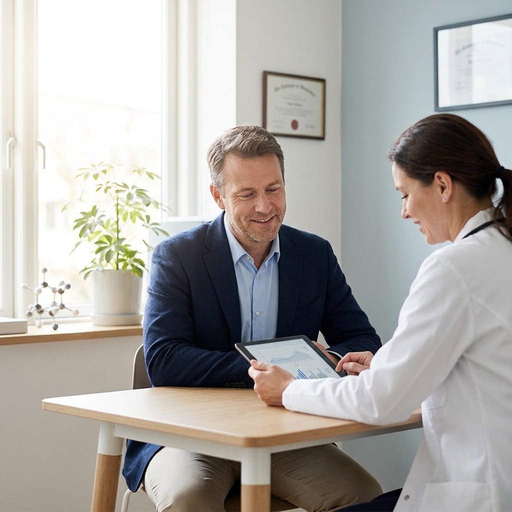 Man consulting doctor about does stem cell hair restoration work in modern clinic