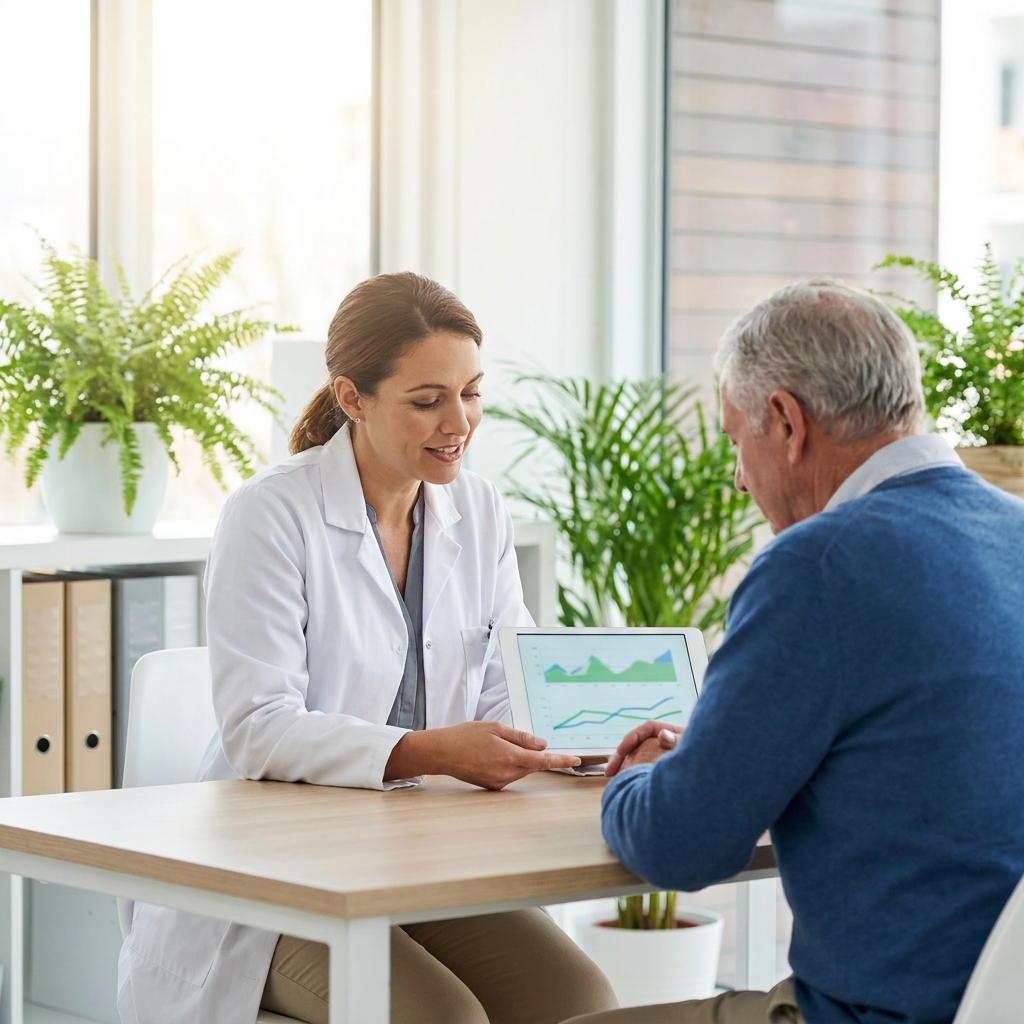 Doctor and patient discussing diagnosis in calm consultation, representing treatment for telogen effluvium hair loss