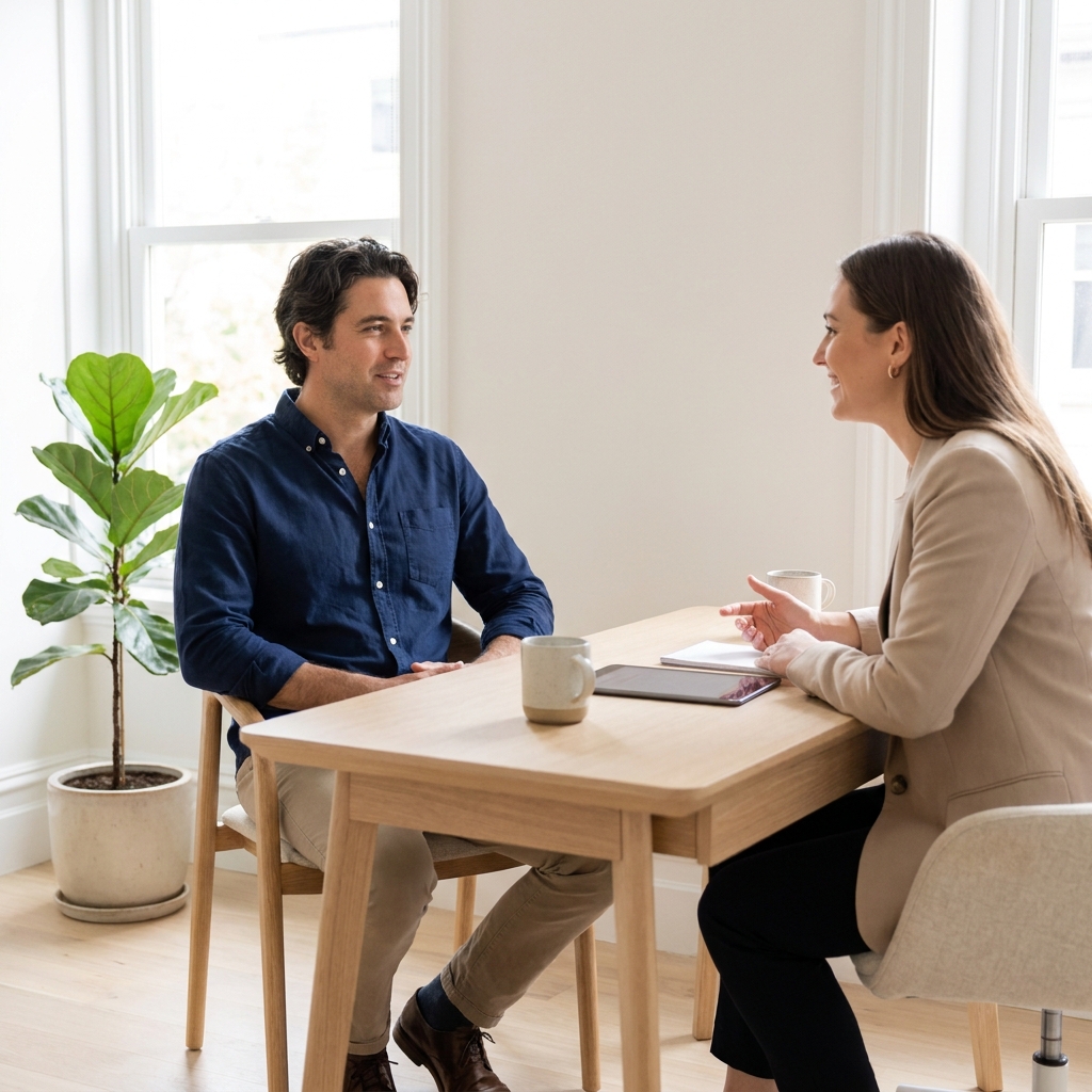 Confident man consulting with specialist about hair restoration services in modern clinic