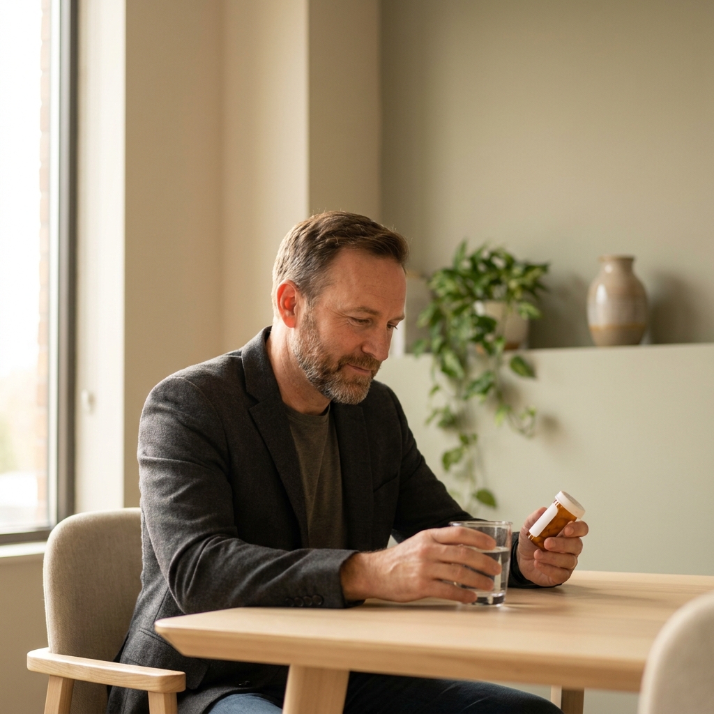 Man reviewing hair loss medication options in a calm consultation setting