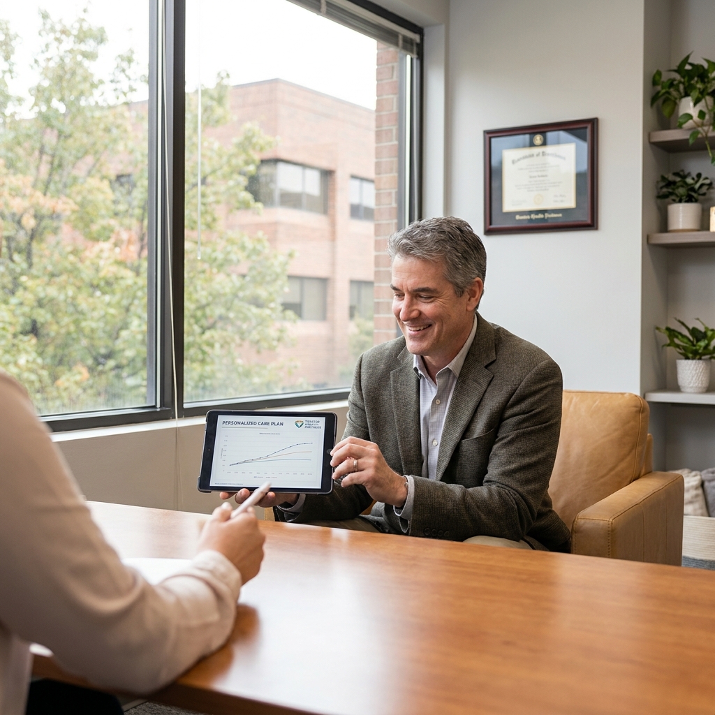 Confident man in consultation discussing north Atlanta hair restoration options