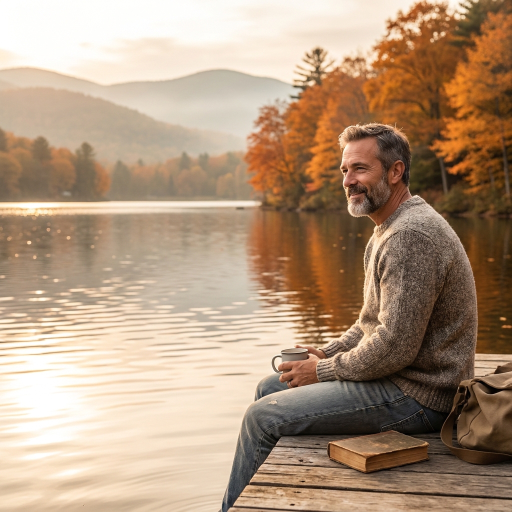Confident man by Lake Norman reflecting renewed confidence from hair loss solutions